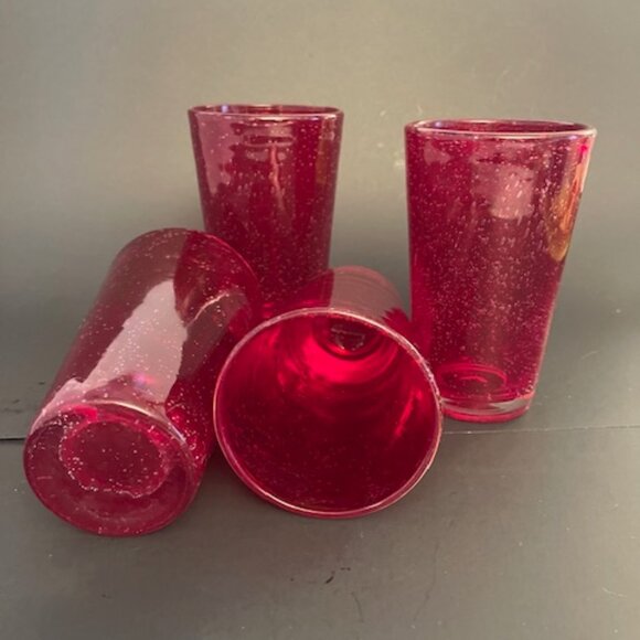 Set of 4 Blown Ruby Red Bubble Glass Tumblers – 16oz, Vintage Charm - Picture 5 of 5